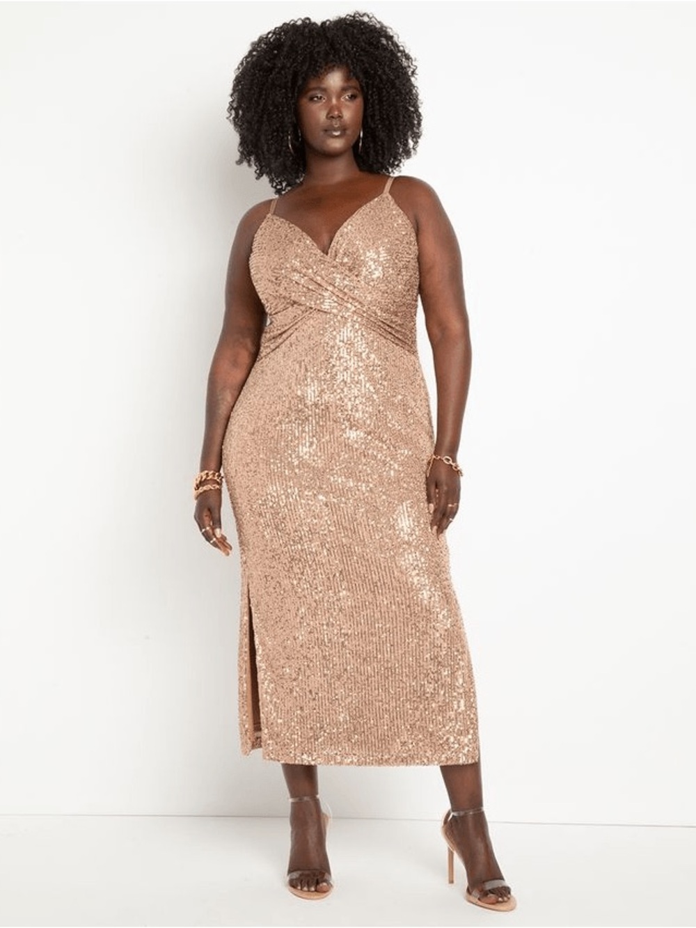 Eloquii Rose Gold Sequin Midi Dress with Spaghetti Straps